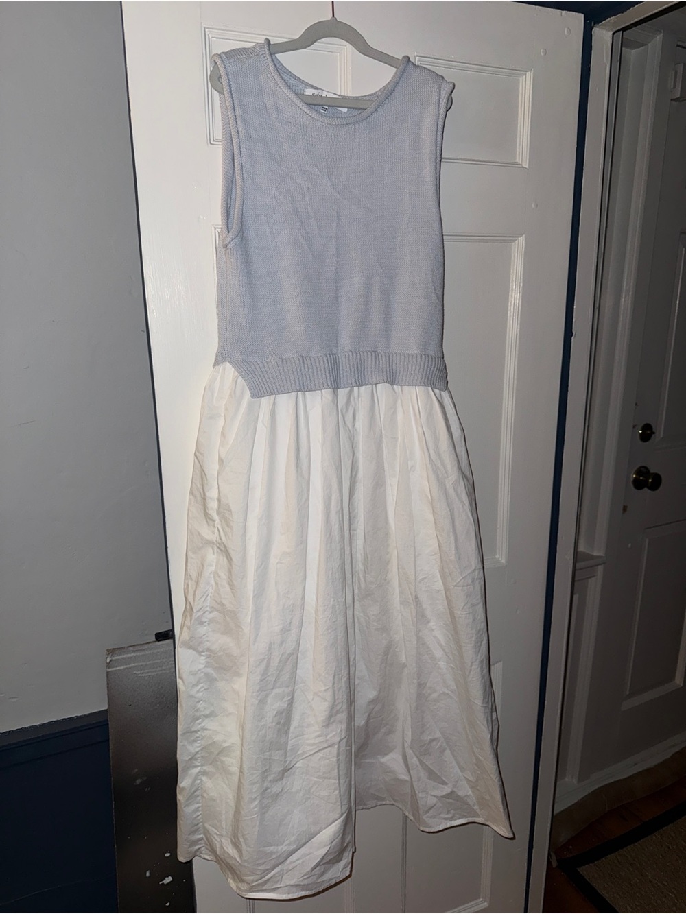 Sleeveless Light Blue Knit Bodice with White Full Skirt Dress